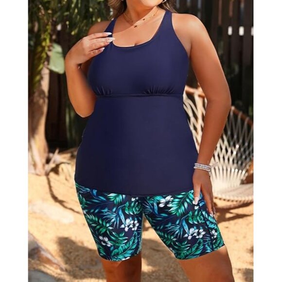 Aqua Eve Plus Size 24W Two-Piece Swimsuit High-Waisted Long Boy Shorts Pockets - Picture 4 of 11